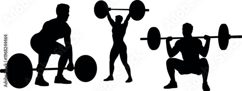 Silhouette of weightlifting athletes performing barbell exercises, strength training concept, fitness workout, bodybuilding, powerlifting poses and gym activity illustration set