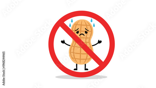 Stop peanut sign with a sad peanut character inside a red forbidden circle for allergy awareness and safety for children.
