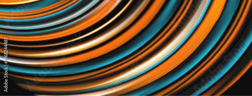 Abstract lines create dynamic pattern. Orange, blue hues dominate dark background. Smooth curves suggest movement, depth.