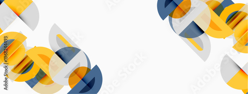 Abstract geometric shapes overlap, creating dynamic composition. Yellow, gray, blue tones dominate minimalist design. Clean lines, modern aesthetic.