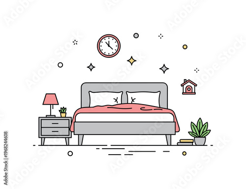 Quiet apartment bedroom scene where a neatly made bed with soft linens sits in a serene space while small sparkle and line icons emphasize restfulness,