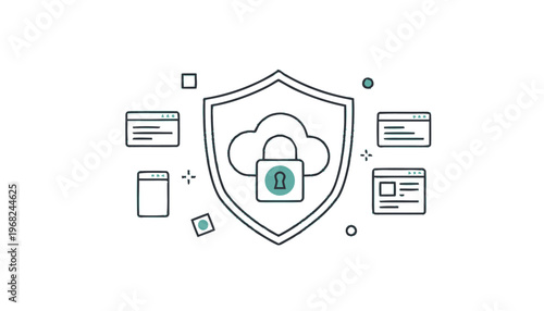 Cloud Security Shield with Padlock Icon for Data Protection.