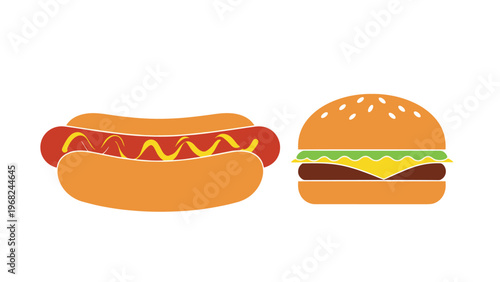 Classic fast food illustration of a tasty hot dog with mustard swirls and a sesame seed cheeseburger with lettuce, tomato, and yellow cheese.