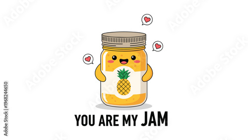 Cute jar of pineapple jam character with a happy face holding a pineapple illustration and hearts with text you are my jam for romantic puns.