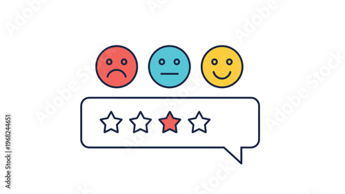 Customer feedback rating system with three colored emoticons representing sad, neutral, and happy feelings along with a three star review box.