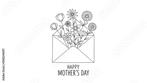 Coloring page for mothers day featuring a beautiful bouquet of various flowers tucked into an envelope with happy mothers day text below it.