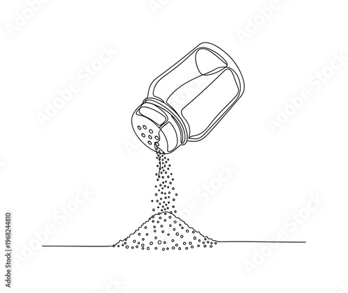 Shaker Tip. Minimalistic one-line drawing salt shaker tilted over pouring salt, continuous single black line on white background, simple outline style, no