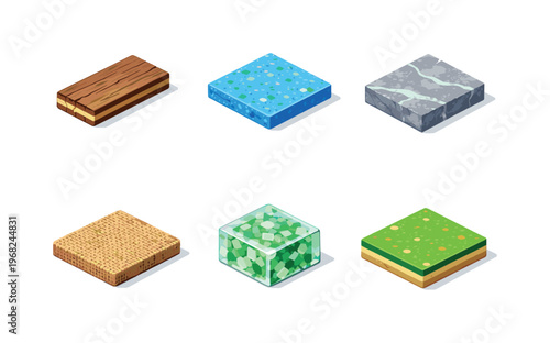 SustainableMaterials. Isometric flat vector icons set of sustainable materials: reclaimed wood plank, recycled plastic panel, natural stone slab, hemp fiber