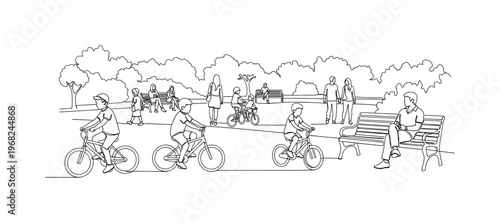 Urban Park Life. Minimalistic one-line drawing children riding bikes, playing, and adults relaxing, continuous single black line on white background, simple