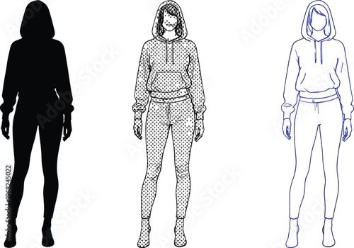 Women Hoodie and Sweatpants Tracksuit Vector Fashion Template with Front View, Clothing Outline, Silhouette and Pattern Design for Apparel Mockup