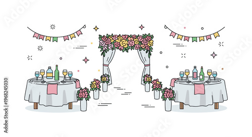 Spring flowers outdoor wedding decoration concept where tables and aisles are adorned with fresh blooms while small sparkle and line icons emphasize