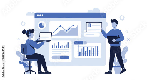 Business professionals analyzing data on a large computer screen for insights.