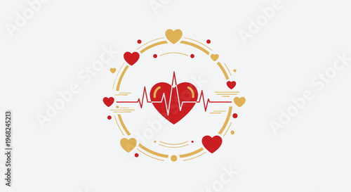Healthy Heartbeat and Love Symbol Vector Graphic with Red and Gold Hearts