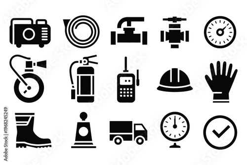 Firefighting equipment icons set with helmet, hose, radio, protective gear, and tools, vector sketch in black and white