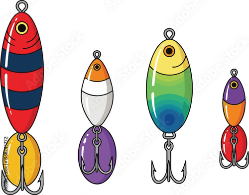 Colorful Fishing Lure Set Vector Illustration with Different Hard Baits, Treble Hooks, Artificial Bait for Fishing Tackle, Angling Equipment Design