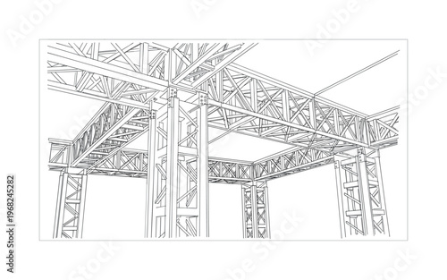 Metal Structure. Minimalistic one-line drawing beams, rods, and bolts forming industrial framework, continuous single black line on white background, simple
