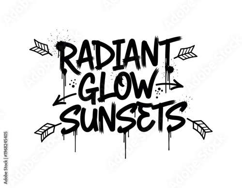 Radiant Glow Sunsets. lettering and all elements in black. Vector style. AWhite background. Pure white background. Perfect isolation and visual consistency.