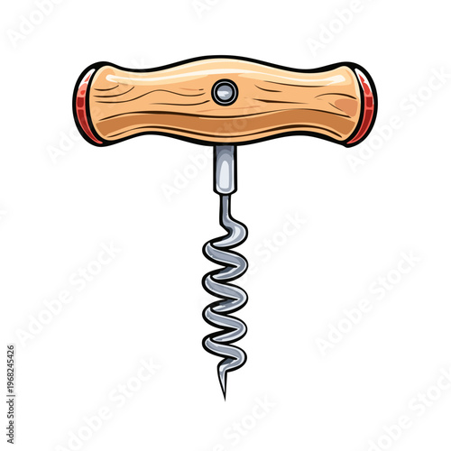 Wooden handled metal corkscrew tool for opening wine bottles and removing corks with a silver spiral screw