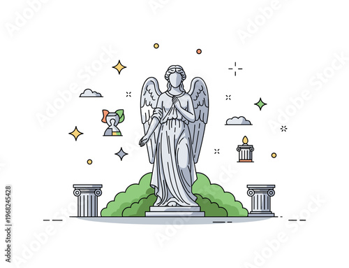 Sculpture marble angel statue scene where a serene figure stands in a garden while small sparkle and line icons emphasize elegance, serenity, and classical