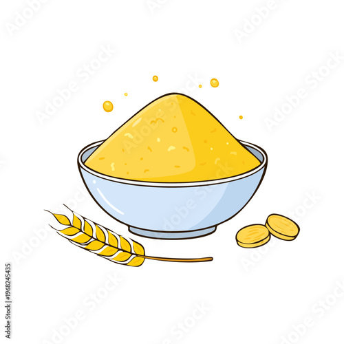 Bowl of yellow cornmeal with wheat stalk and kernels