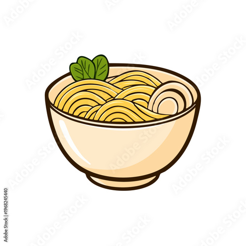 Stylized illustration of a bowl filled with delicious, golden noodles and a fresh green herb garnish.