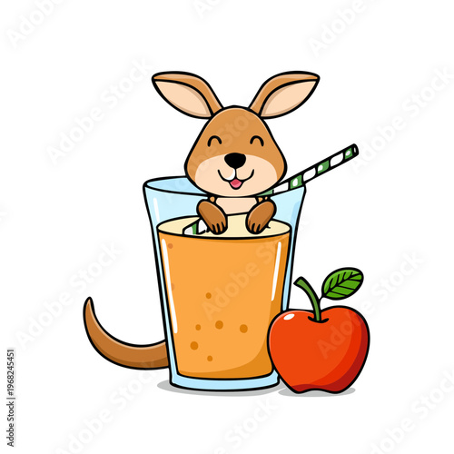 Joyful Cartoon Kangaroo Sips Delicious Orange Juice from a Tall Glass with a Straw and Red Apple