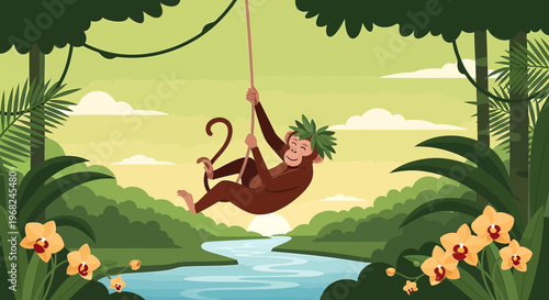 Happy Monkey Swinging on Vine in Lush Tropical Jungle with River and Flowers