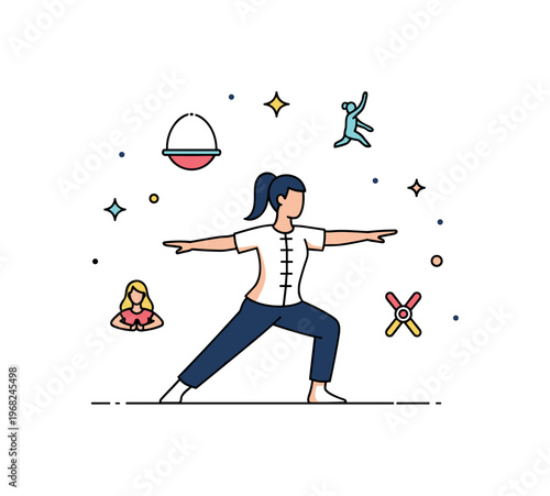 Low-impact exercises tai chi concept where a person performs flowing movements in a park while tiny sparkle and star icons highlight balance, calm, and