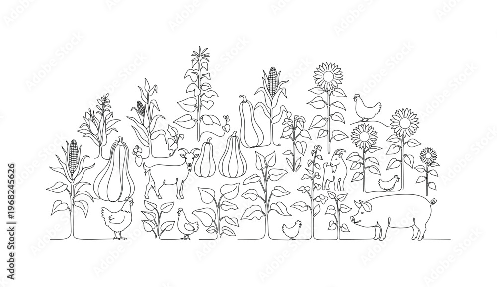 Fototapeta premium Polyculture Farming. Minimalistic one-line drawing diverse crop plants growing together with small farm animals, continuous single black line on