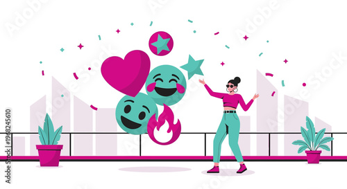 Happy Woman Dancing with Emojis and Confetti, Celebrating Success