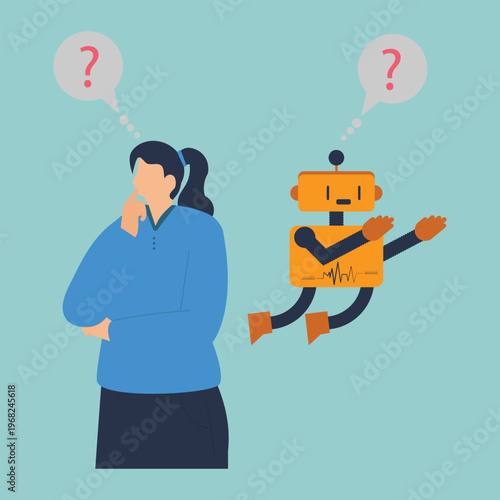Human and Robot Contemplation: An illustrative depiction of a human and robot engaged in contemplation, with thought bubbles indicating shared curiosity.