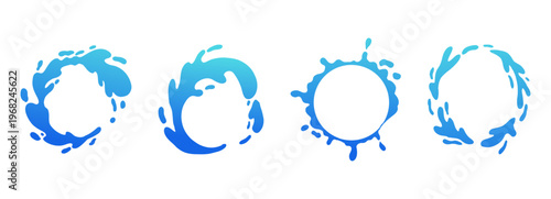 Water puddle splash frame set, liquid shape with drops, abstract blob. Uneven wavy border edge paint, puddle, stain, rounded blot with splashes droplets.