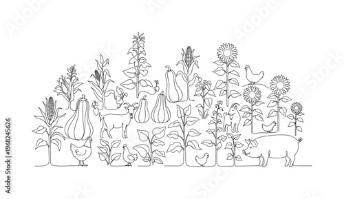 Polyculture Farming. Minimalistic one-line drawing diverse crop plants growing together with small farm animals, continuous single black line on