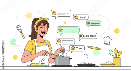Happy Woman Cooking, Receiving Positive Feedback via Social Media Chat Bubbles