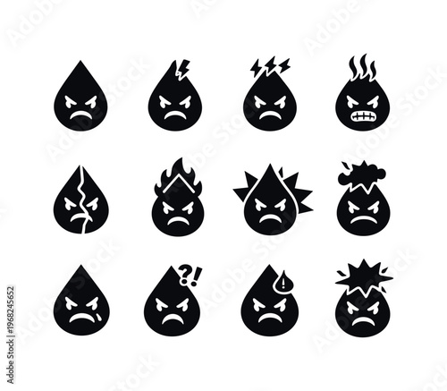Angry Mood. Solid icon set of Angry Mood: angry mood tear, bad mood tear, irritation tear, temper tear, mood swing tear, emotional flare tear, heated emotion