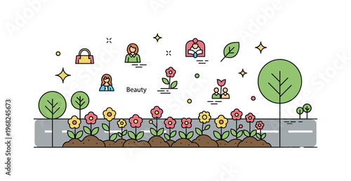 Spring flowers urban planting scene where flower beds brighten a city street while small sparkle and line icons emphasize community, beauty, and green spaces.