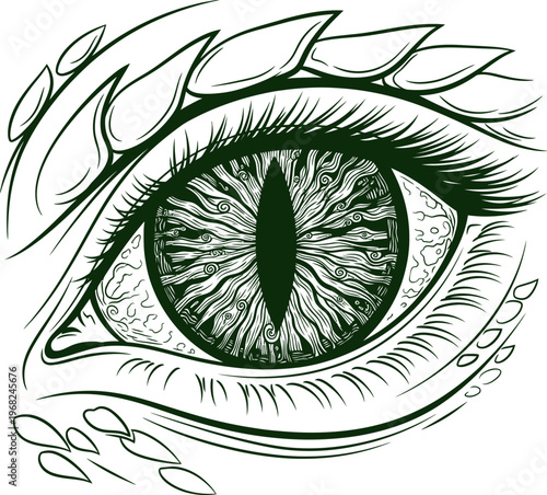 Detailed Illustration of a Dragons Eye with Reptilian Features.