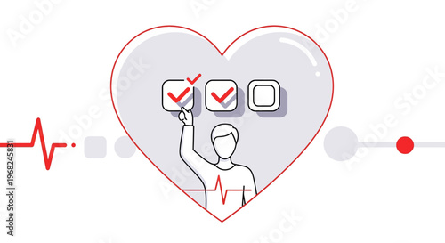 Health check, checklist, man ticking boxes inside heart shape, electrocardiogram