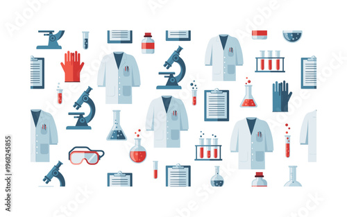 scientific icons seamless pattern, repeating pattern, surface design, textile print, modern illustration of lab coats, microscopes, test tubes, beakers, safety
