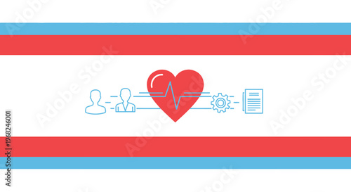 Healthcare Technology Concept: Heartbeat, People, Data, Gear Icons on Blue-Red Stripes