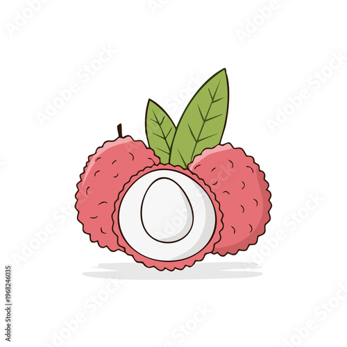 Illustration of fresh lychee fruit with leaves and a cut half showing the white flesh and seed