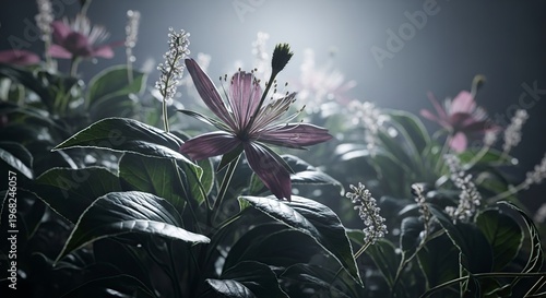 Mysterious Flower Amidst Lush Greenery Under Soft Light.