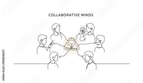 Collaborative Minds. Minimalistic one-line drawing group contributing to central innovation hub, continuous single black line on white background, simple