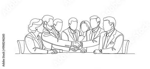 Global Cooperation. Minimalistic one-line drawing multiple diplomats shaking hands across table, continuous single black line on white background, simple