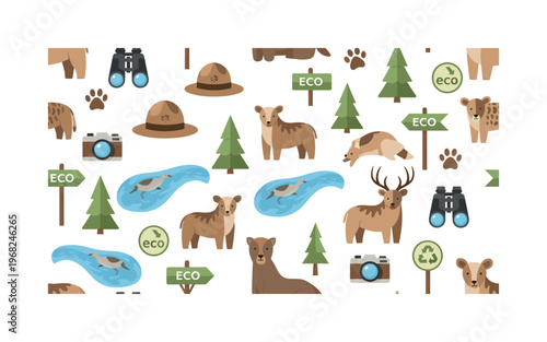 wildlife protection seamless pattern, repeating pattern, surface design, textile print, modern illustration of animals, forests, rivers, endangered species,