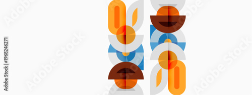 Abstract geometric shapes, orange, brown, blue. Minimalist design, vertical arrangement, clean lines, modern aesthetic. Simple composition.