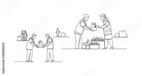 Humanitarian Scene. Minimalistic one-line drawing people distributing food and medicine internationally, continuous single black line on white background,