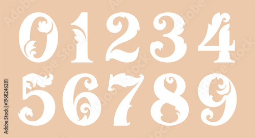 A decorative vintage numeral set from zero to nine in white on a beige background