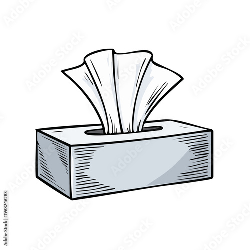 Hand drawn illustration of a tissue box with white tissues fanned out ready for use