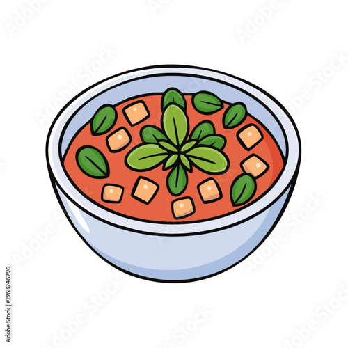 Fresh Gazpacho Soup with Basil and Croutons Served in a White Bowl